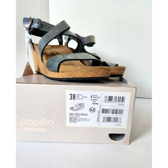 Papillio Birkenstock Sibyl Nubuck Wedge Sandals 38 US 7.5-8 Metallic Black - Picture 2 of 16